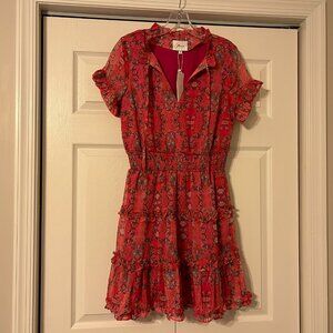 NWT J FLOWER Sz S Pink with Multi-Color Floral Ruffle Avery Dress NEW $218
